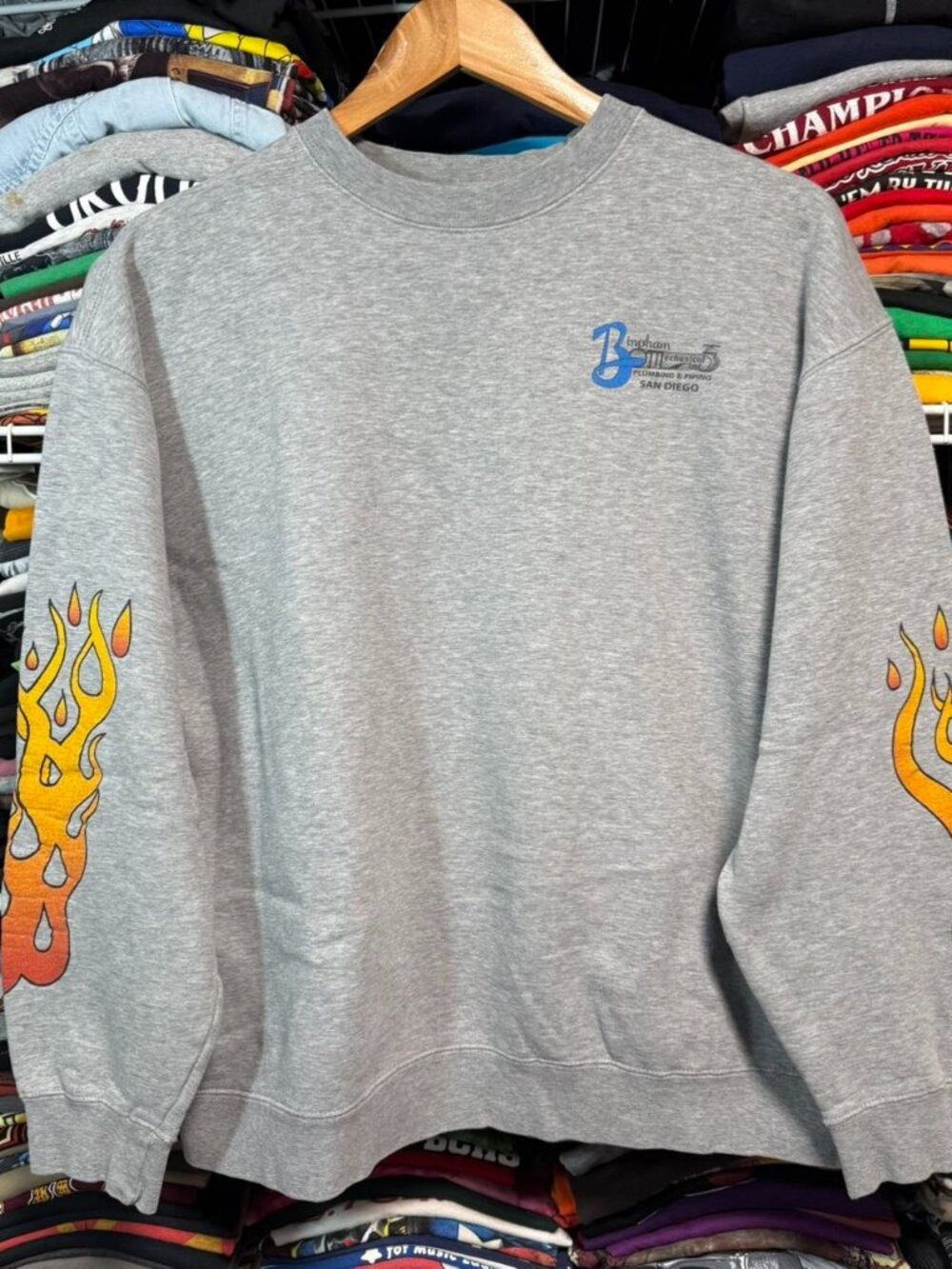 90s San Diego grey plumbing company crewneck sweatshirt flame sleeves